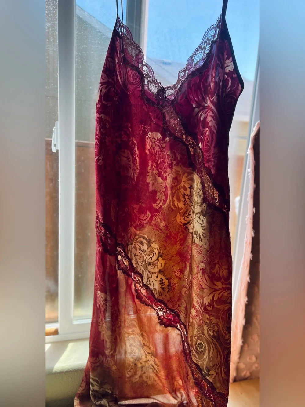 Vintage 1990s Burgundy Floral Lingerie Set -Front Tie Robe with Matching Slip